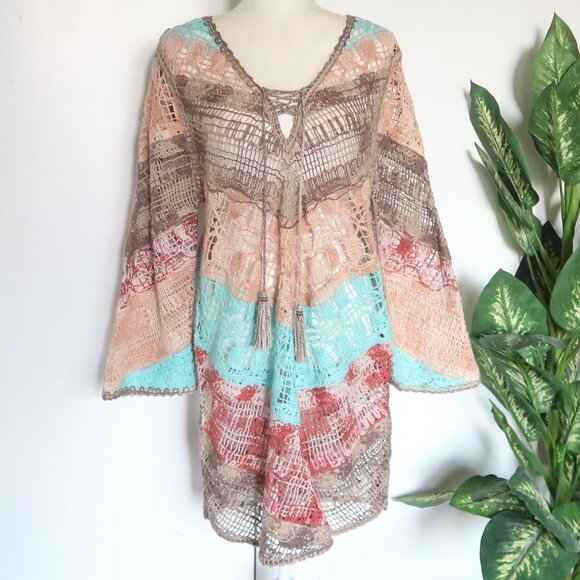 Soft Surroundings Multicolor Turquoise Red Crochet Tassel Boho Tunic Top Size L - Picture 1 of 16